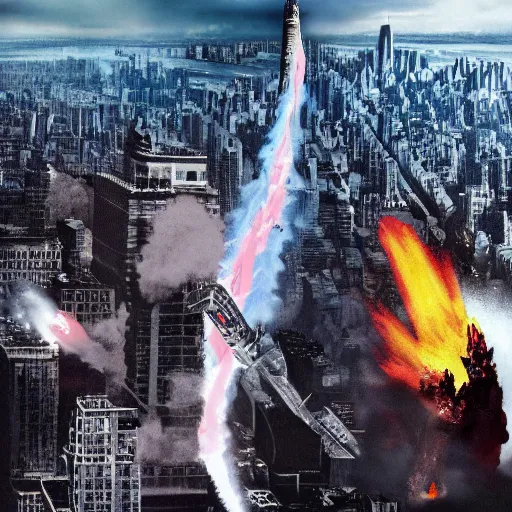 Prompt: kim jong un godzilla destroying manhattan new york city, kim jong - un, godzilla, destruction, hyper realistic, helicopter photo