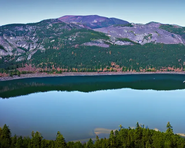 Image similar to my teeth are sharp. there is a lake in the foreground with water reflections.