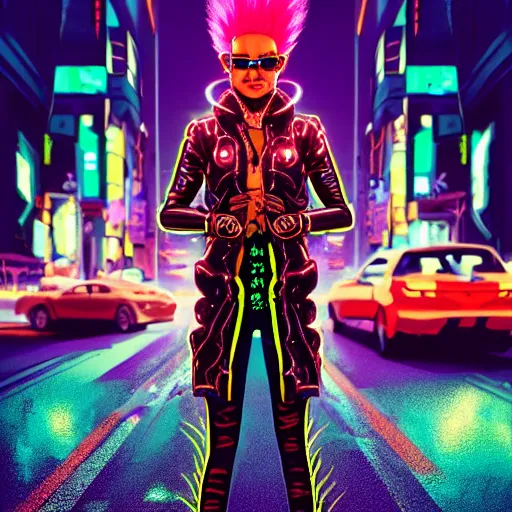 Image similar to a beautiful commission of an anthropomorphic cheetah wearing a neon jacket with mohawk hair,standing on the street,futuristic,detailed face,character design by charles bowater,mohawk,cyberpunk style,deviantart,artstation,art by greg rutkowski,ross tran,professional lighting,neon city,night,raytracing,rtx