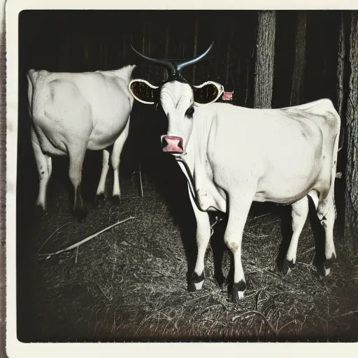 Image similar to polaroid photograph of several cows looking at the camera, in creepy forest, night, eyes glowing from camera flash