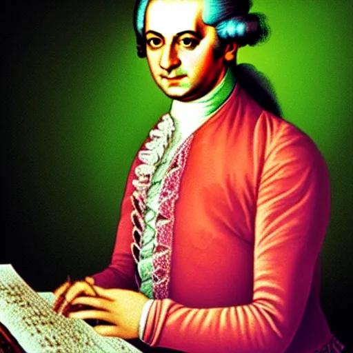 Prompt: wolfgang amadeus mozart on a rave. he sweats a lot because the club is poorly ventilated, but he still has a great time. club photography.