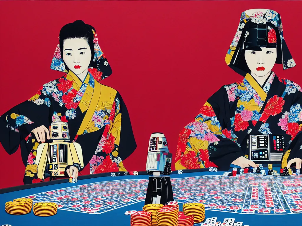 Image similar to hyperrealistic composition of the detailed woman in a japanese kimono with a c 3 p 0 robot head sitting at a extremely detailed poker table with darth vader, fireworks, mountain fuji on the background, pop - art style, jacky tsai style, andy warhol style, acrylic on canvas