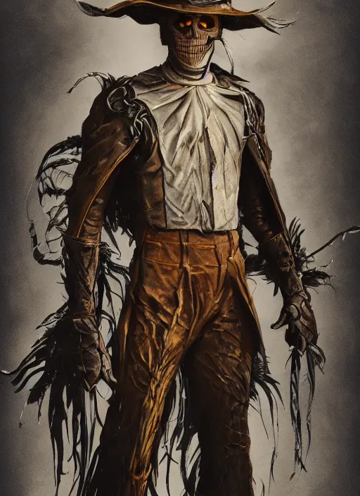 Image similar to powerful male scarecrow, willem dafoe as scarecrow, full body character concept, covered in full leather armor, art nouveau, super powers, fantasy, intricate, elegant, highly detailed, digital painting, artstation, concept art, shining, sharp focus, illustration, art by stanley lau