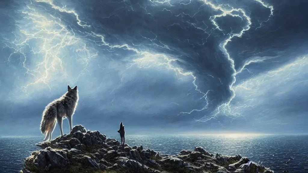 Prompt: A wolf standing on the edge of a grassy cliff looking out towards an underwater nuclear explosion, birds flying away from explosion, mind-bending geometry, explosive shockwaves rippling across sapphire waters below, tornado forming, extreme realism, intricate details, crashing waves, 4k, trending on Artstation, award-winning, dramatic painting, art by Greg Rutkowski, by Studio Ghibli