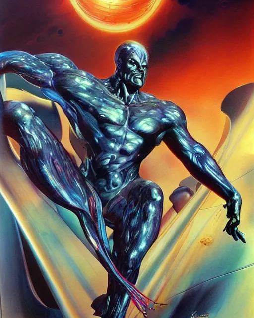 Image similar to silver surfer by peter andrew jones, hyper detailed