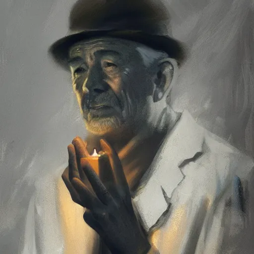 Prompt: A old comunist man, artwork by Craig Mullins, portrait, black background, candle lights, trending on artstation, cinematic