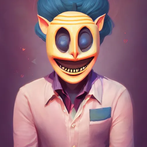 Prompt: a portrait of the smiling happy mask salesman, eyes closed, art by lois van baarle and loish and ross tran and rossdraws and sam yang and samdoesarts and artgerm and saruei and disney, digital art, highly detailed, intricate, sharp focus, trending on artstation hq, deviantart, unreal engine 5, 4 k uhd image