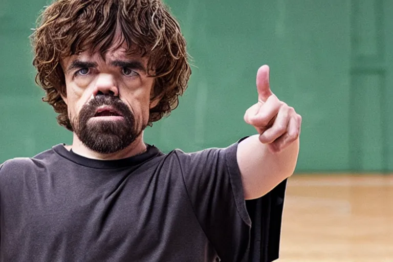 Image similar to peter dinklage playing basketball movie still, from the new slam dunk ernest movie, 8 k, realistic