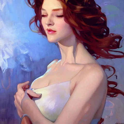 Prompt: painted portrait of a beautiful woman by artgerm, gil elvgen, greg manchess, mucha