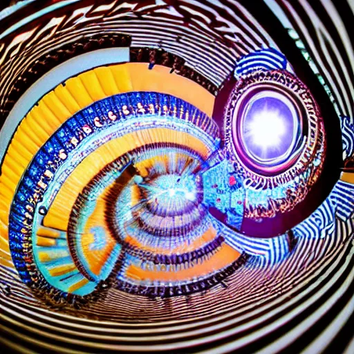 Image similar to symmetric alien extra-dimensional being with patterns of eyes doing a kick flip down some stairs fish eye lens