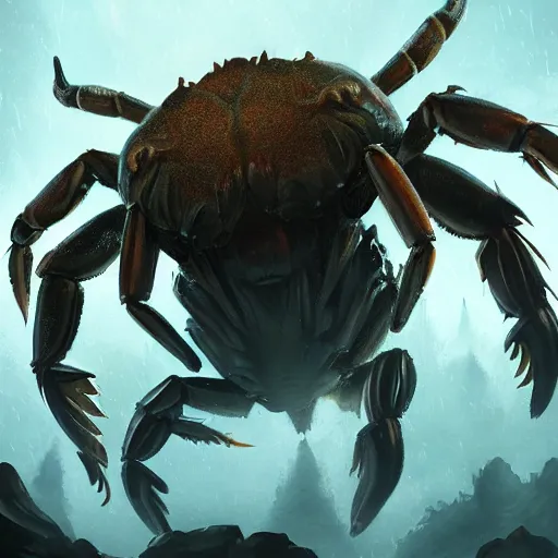 Image similar to giant crab, daimyo hermitaur, long lens, wide angle, greg rutkowski, drark, dark, plutus su, chris scalf, lucas graciano, billy christian, symmetrical, deep forest, unreal engine, atmospheric haze, d & d, fantasy, high detailed, realistic,, artstation, cinematic, dramatic lighting, close up