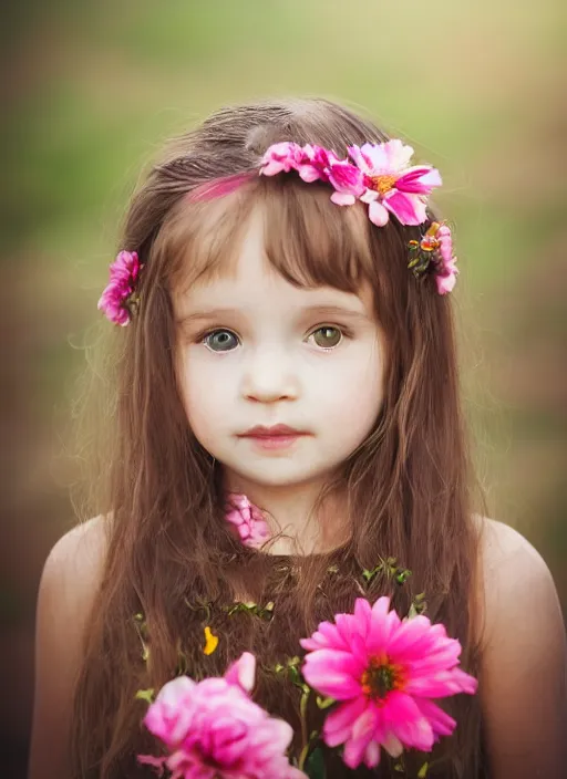 Prompt: portrait of a 2 year old woman, symmetrical face, flowers in her hair, she has the beautiful calm face of her mother, slightly smiling, ambient light