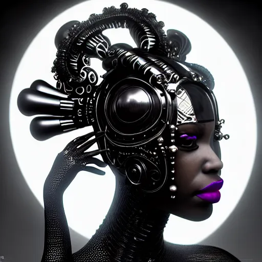 Prompt: portrait of an absurdly beautiful, graceful, sophisticated, fashionable black cyberpunk mechanoid gravure idol, hyperdetailed illustration by irakli nadar, maria borges, matt wisniewski style, intricate linework, dark black skin, neon jellyfish headdress, carved bone ruff, unreal engine 5 highly rendered, global illumination, radiant light, detailed and intricate environment