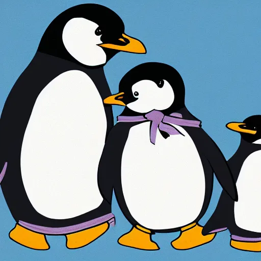 Image similar to A children's cartoon illustration using blues and purples, of a penguin family, a mom penguin, dad penguin, an older sister penguin and a baby brother penguin, highly detailed