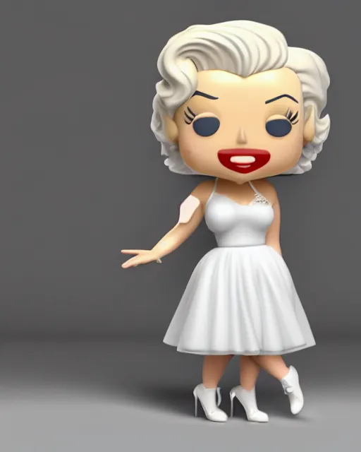 Prompt: full body 3d render of Marilyn Monroe as a funko pop, she is wearing a sheer white night gown, she is laughing, studio lighting, white background, blender, trending on artstation, 8K, highly detailed