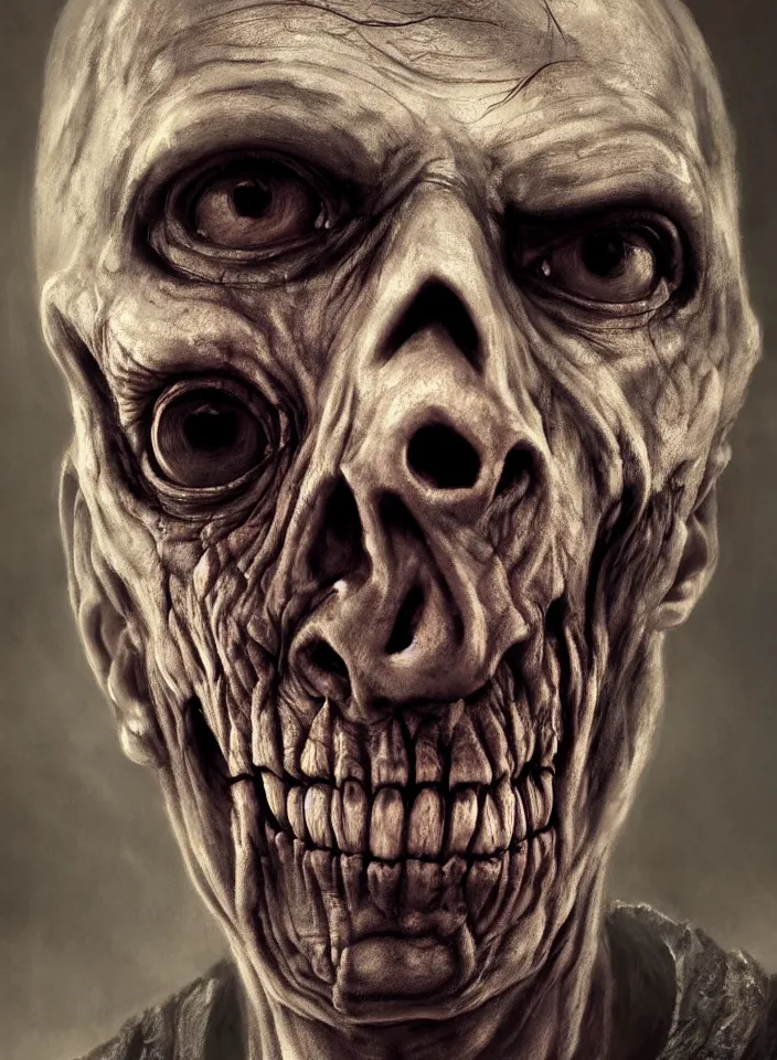 Prompt: a face portrait of a older man as an undead ghoul from skyrim, fantasy setting, beautiful face, serene colors, soft lighting, atmospheric, cinematic, moody, in the style of diego koi, gina heyer, luiz escanuela, art by alyssa monk, hyperrealism, rule of thirds, golden ratio, oil on canvas, 8 k