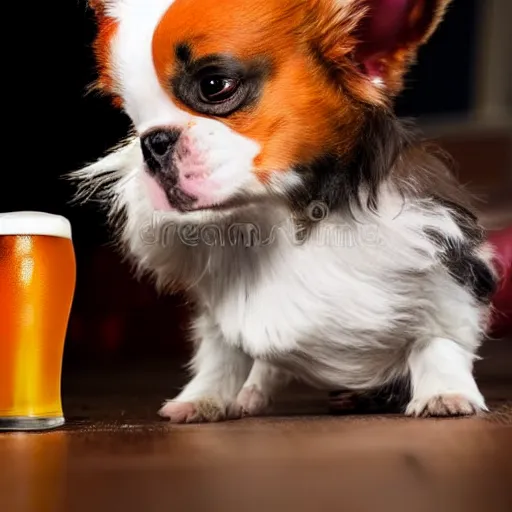 Image similar to a small dog with a red mohawk drinking beer, stock photo