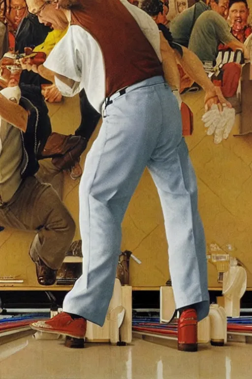 Image similar to The Dude from the movie The big Lebowski playing bowling painted by Norman Rockwell