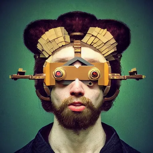 Image similar to Colour Caravaggio and Leonardo da Vinci style full body portrait Photography of Highly detailed Man wearing Ukrainian folk costume with 1000 years perfect face wearing highly detailed retrofuturistic VR headset designed by Josan Gonzalez. Many details In style of Josan Gonzalez and Mike Winkelmann and andgreg rutkowski and alphonse muchaand and Caspar David Friedrich and Stephen Hickman and James Gurney and Hiromasa Ogura. Rendered in Blender and Octane Render volumetric natural light