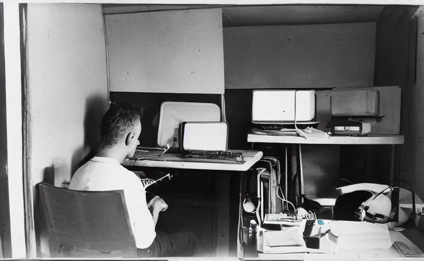 Prompt: man sitting facing away, working in low lit radio booth, one single lamp, dingy, colour film, keyboard, door to lab, sweaty, tannoy, strange