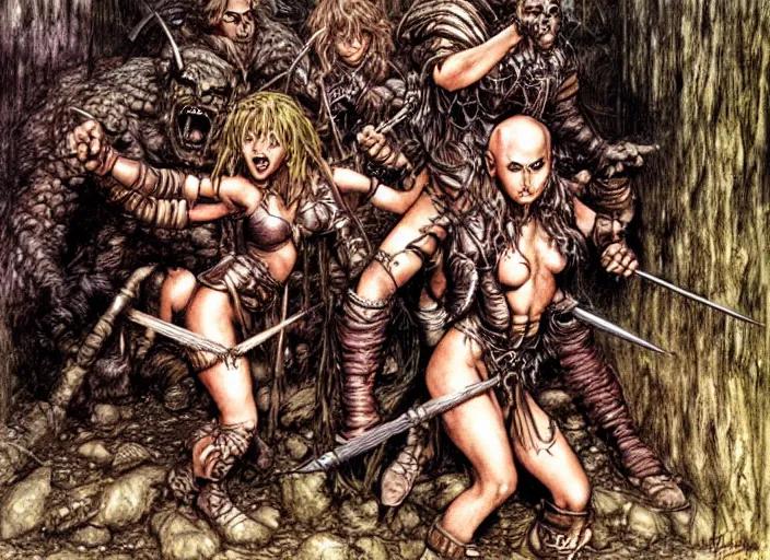 Image similar to bald barbarian girl fights goblins by Luis Royo, Richard Corben