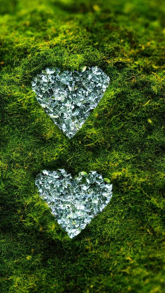 Image similar to macro photo of moss, a crystal heart is laying on the moss, light rays are coming through the leaves above, god rays, beautiful award winning macro photography, trending on artstation