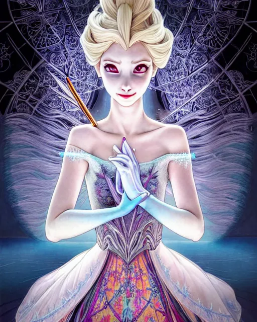 Image similar to ' princess elsa, insanity, demented, morbid, surreal ', beautiful shadowing, 3 d shadowing, reflective surfaces, illustrated completely, 8 k beautifully detailed pencil illustration, extremely hyper - detailed pencil illustration, intricate, epic composition, masterpiece, bold conflicting colors. stunning masterfully illustrated by artgerm, range murata, alphonse mucha, katsuhiro otomo.