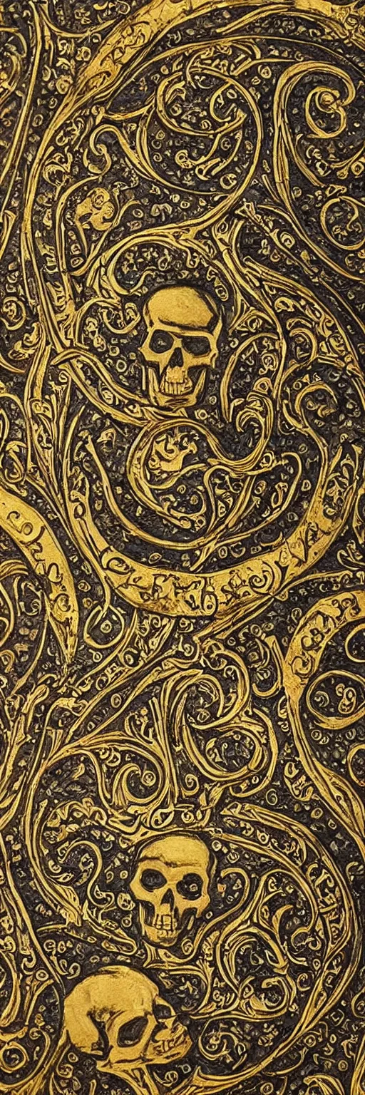 Prompt: magical medieval scroll containing myriad gold inlay symbols and sigils and one a single punisher skull emblem. detailed, high art, intricate, artisan