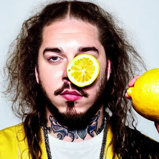 Image similar to post malone, with a lemon for a face, portrait photo