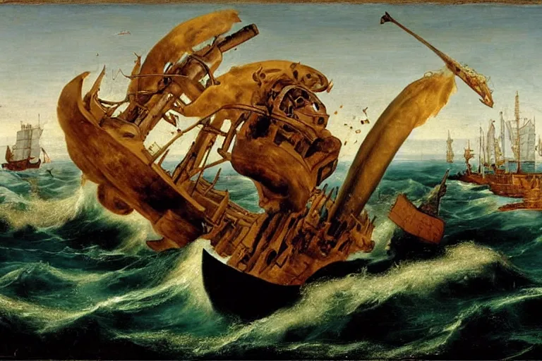 Image similar to A sea monster attacks a ship, Hans Savery the Elder (1626), oil on canvas, detailed brushstrokes