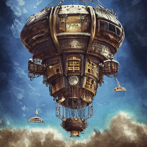 Image similar to flying city in the clouds, steampunk, romanticism artwork