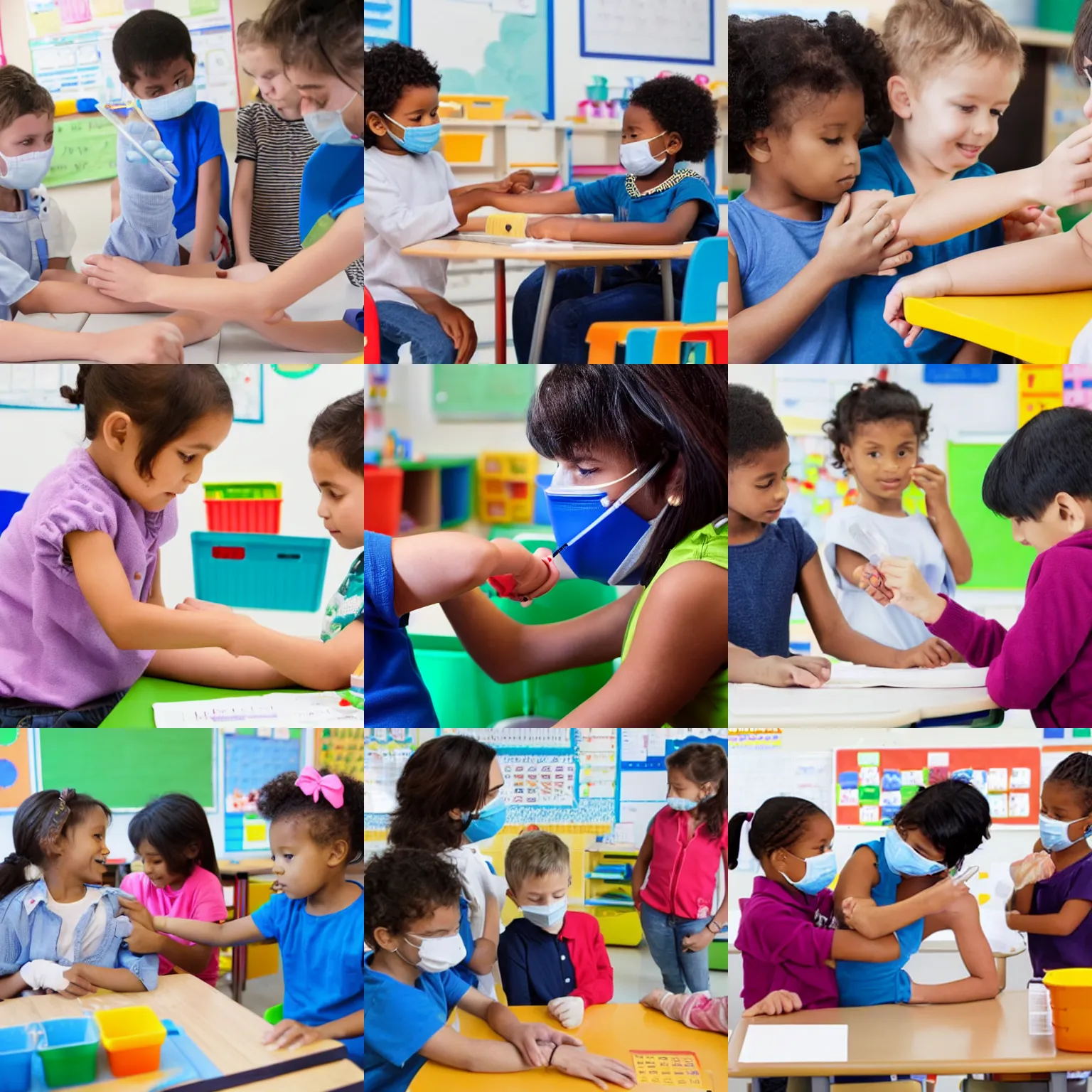 Prompt: children vaccinating each other in kindergarten