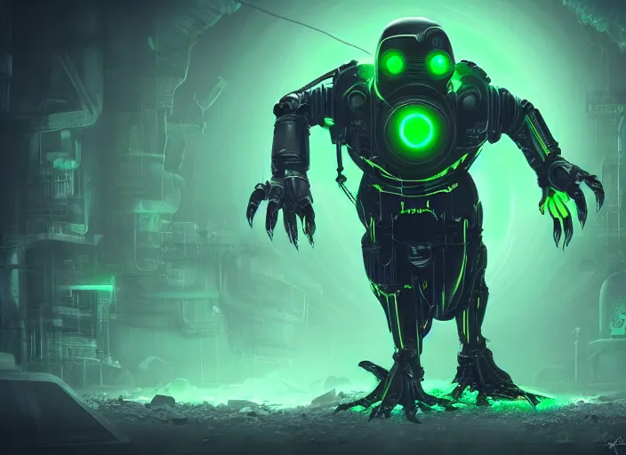 Image similar to cyber penguin fallout 4, glowing green eyes, humanoid body, claws, horror scene, artgerm, rutkowski, tooth wu, beeple, and intricate