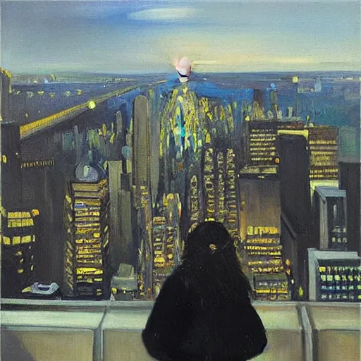 Prompt: “ a girl looking down at a futuristic new york city below, punk, detailed face, oil painting, by george bellows ”