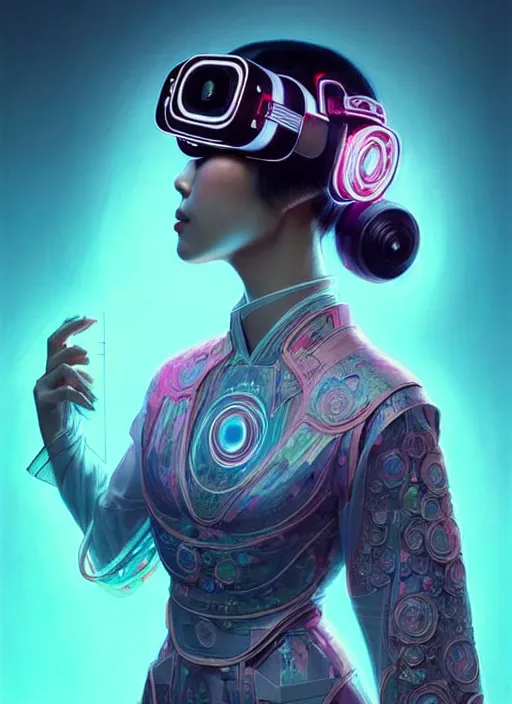 Prompt: wide angle portrait shot of female japanese android wearing a vr headgear and in a very detailed and intricate kimono dress, hologram hovering around her, intricate detail, cyber neon lighting, highly detailed, artstation, glamor pose, concept art, art by peter mohrbacher and artgerm, pinterest, artstation,