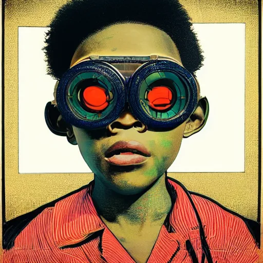 Image similar to colourful vfx upper half - 3 d portrait - art of a nigerian boy wearing steam punk goggles, art by utagawa kunisada, james jean & alphonse mucha, symmetrical, intricate detail, concept art, volumetric light, ray tracing, caricature, digital illustration, octane 3 d render, unreal engine, sharp, pinterest, behance, art station,