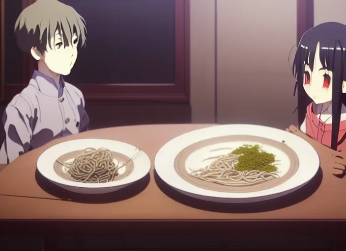 Image similar to a film still portrait of a plate with soba and udan, finely detailed features, closeup at the food, perfect art, at a dinner table, gapmoe yandere grimdark, trending on pixiv fanbox, painted by greg rutkowski makoto shinkai takashi takeuchi studio ghibli, akihiko yoshida