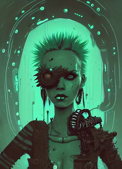 Image similar to highly detailed portrait of an moody wasteland punk long dripping green poison hair tribal lady, stray wiring by atey ghailan, james gilleard, by joe fenton, by greg rutkowski, by greg tocchini, by kaethe butcher, 4 k resolution, gradient purple, brown black and white color scheme!!! ( ( green flaming robotic sewer background ) )