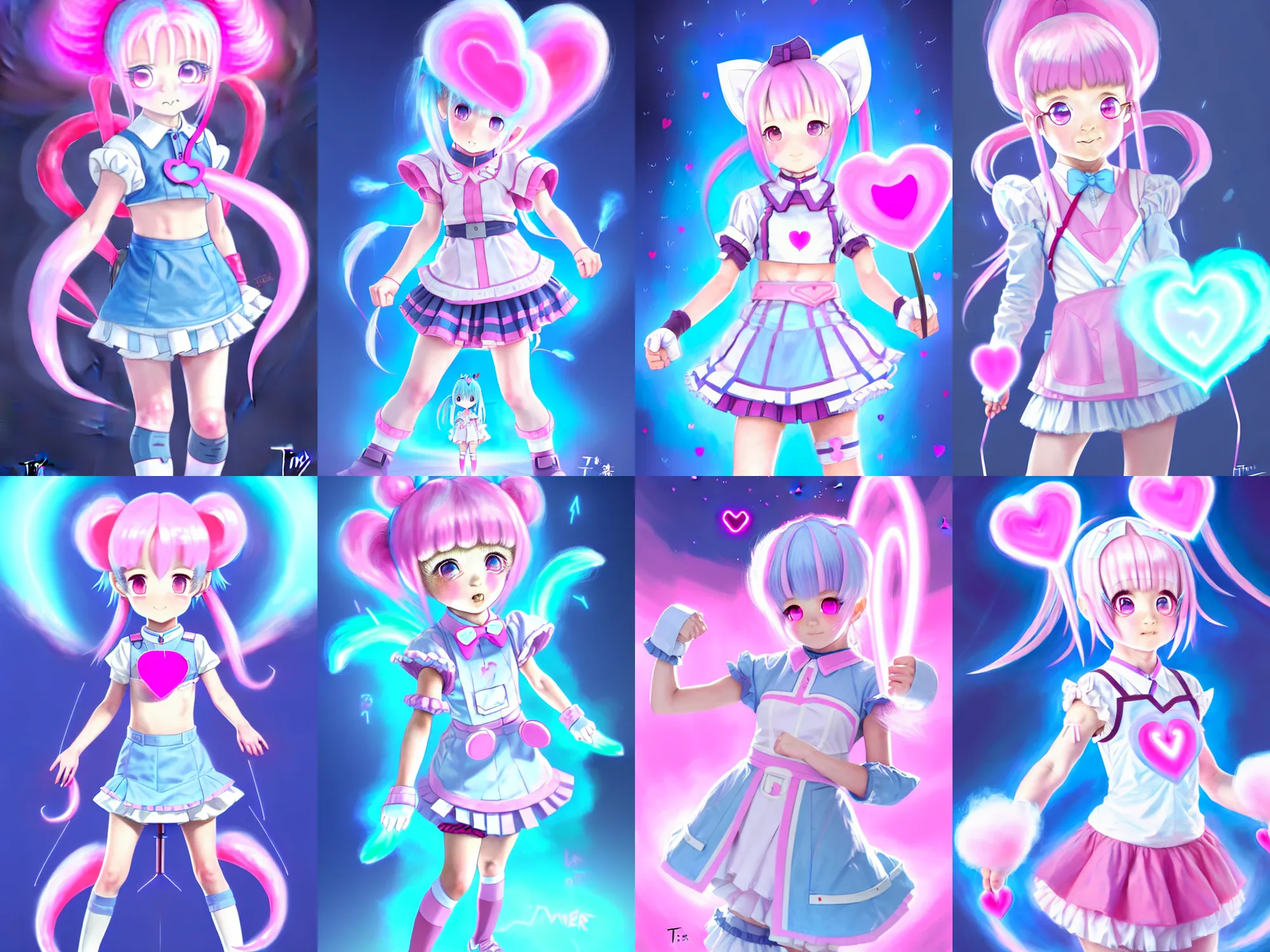 Prompt: Time traveler, small loli girl, with pointy ears, with cotton candy-like hair and low twintail heart shaped drills, with pink light blue eyes, wearing a time traveler outfit color matching, in a fighting stance, digital painting, artstation, concept art, soft light, hdri, smooth, sharp focus, illustration, art by tian zi and craig mullins and WLOP and alphonse mucha, visual novel sprite