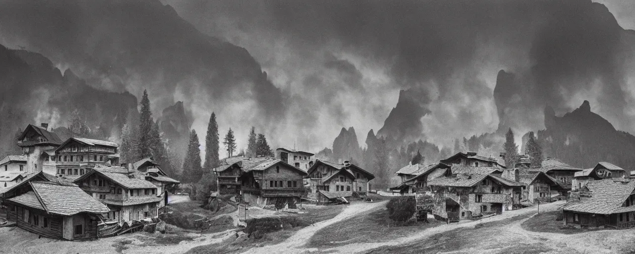 Prompt: 1920s black and white photography of an isolated old village with ghostly wood buildings in the dolomites, big tyrolean solstice fire