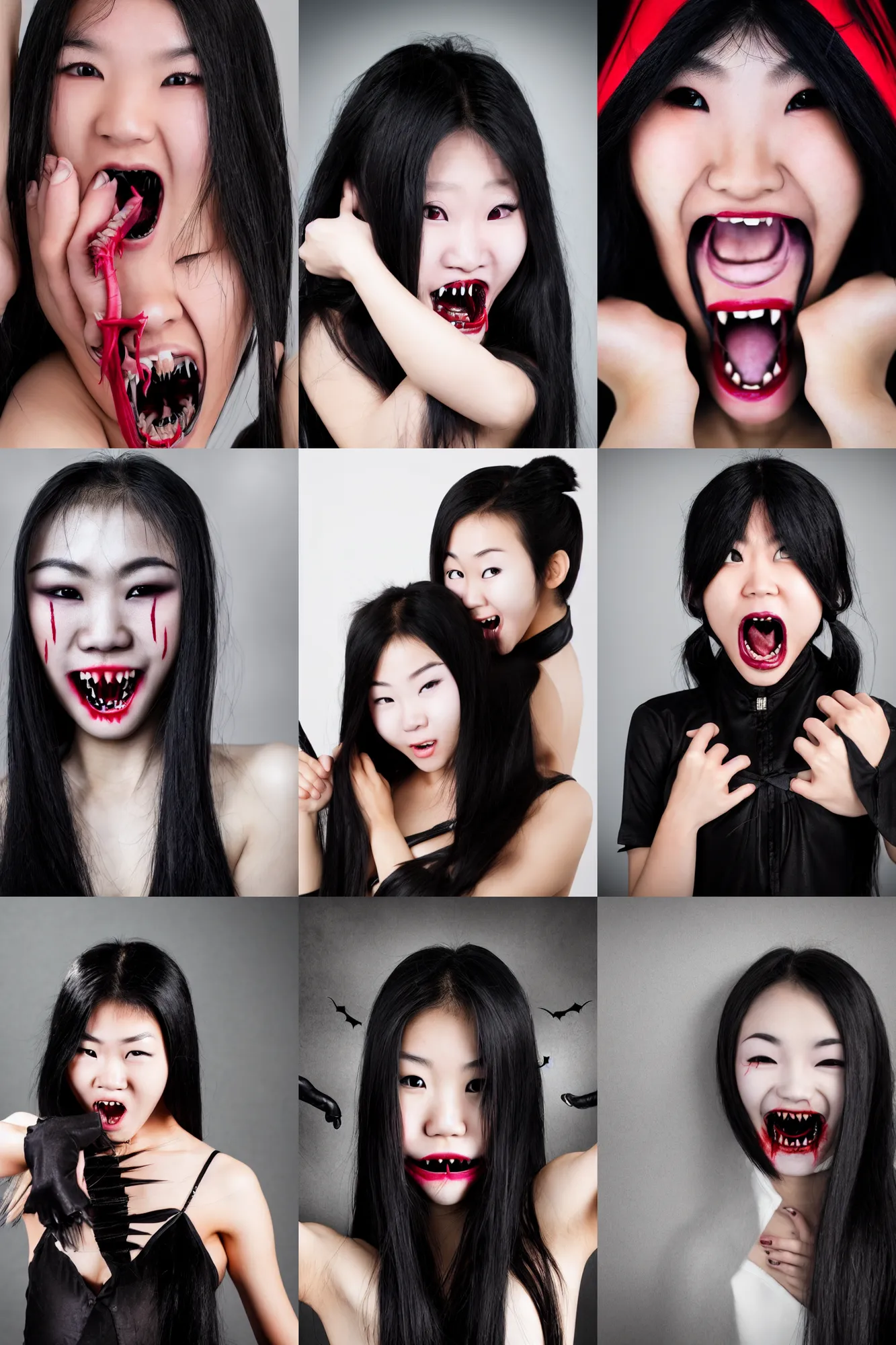 Prompt: a beautiful, young, asian, female vampire ninja, face uncovered, showing her fangs, in a menacing pose, award - winning 4 k full photo portrait, creepy and disturbing