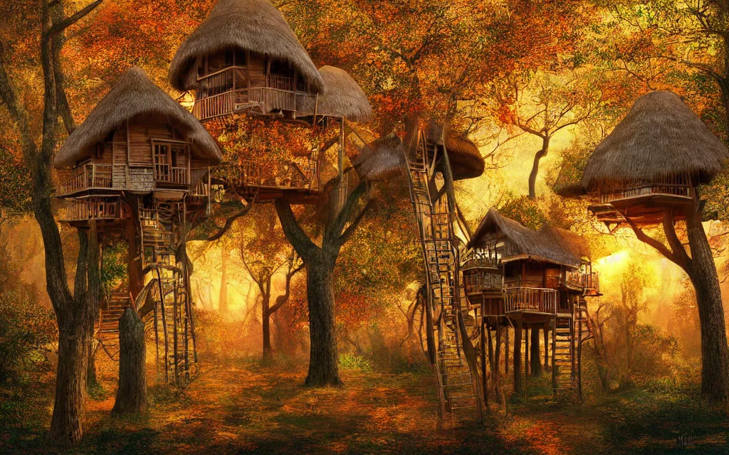 Prompt: a group of tree houses with wooden ladders and thatched roofs, nestled in a forest, golden hour, autumn leaves, realistic high quality art digital art