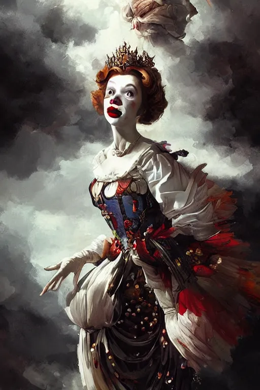 Image similar to art masterpice, comical clown faced queen elizabeth descending from the clouds, intricate, beautiful cinematic lighting, stunning painting by artgerm, caravaggio, android jones, wadim kashin