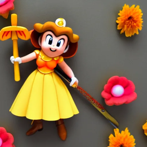 Prompt: Princess Daisy of the mushroom kingdom in a yellow and orange dress holding a floral sword, 4k, 100lb cardstock, floral sword