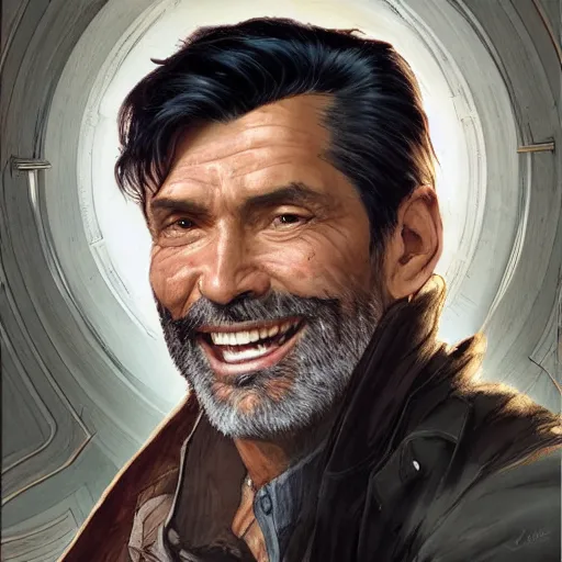 Image similar to portrait of a treasure hunter, grizzled man smiling brightly in his 5 0 s with dark hair and sharp cheekbones, dressed in expensive clothes, detailed face, smooth, sharp focus, graphic novel, art by artgerm and greg rutkowski and pepe larraz,