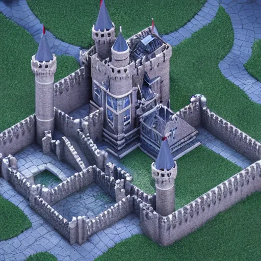 Image similar to isometric hyper real rendering of a sprawling castle, octane, c 4 d, cinematic