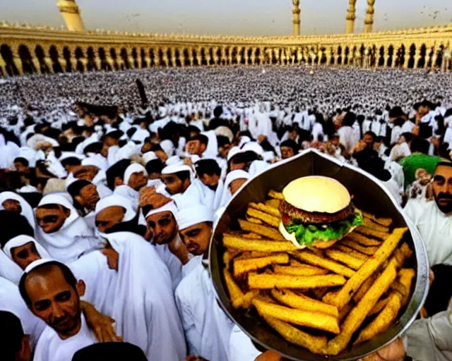 Image similar to 10,100 adoring lovers surrounding the kaaba inspired burger in mecca