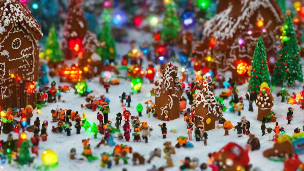 Image similar to gingerbread candy village, colorful, fantasy, fairytale, forest, fireflies, flowers, halloween, christmas, snow, hansel and gretel, bokeh, closeup, depth of field 1 0 0 mm, cinematic scene, studio quality, unreal engine, octane render, trending on artstation, artgerm, cgsociety