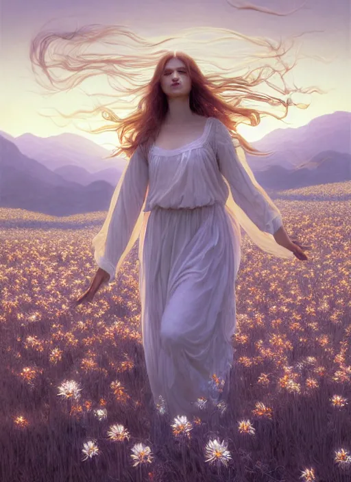 Image similar to oil painting portrait of a young woman with long flowing hair in a white dress, levitating floating over a field of flowers at sunset with mountains in the background, hazy, digital art, chiaroscuro, artstation, cinematic, golden hour, digital art painting by greg rutkowski, william - adolphe bouguereau, lu ji, hazy atmosphere, flowers, cinematic lighting