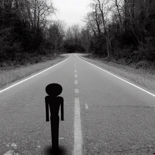 Prompt: a creepy figure standing in the middle of the road, found footage, dark, scary, night